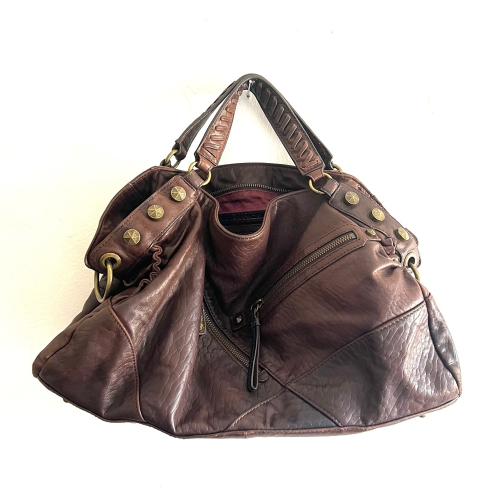 BCBG MAX AZRIA Dark Brown Leather Hobo Handbag with Studs and zipper details